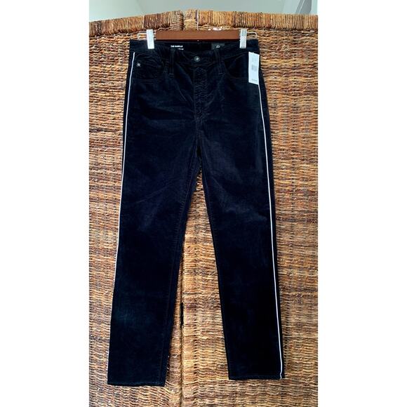 NWT AG The Isabelle High Rise Straight Crop Black Stretch Velvet 27 Side Stripe - Picture 2 of 14